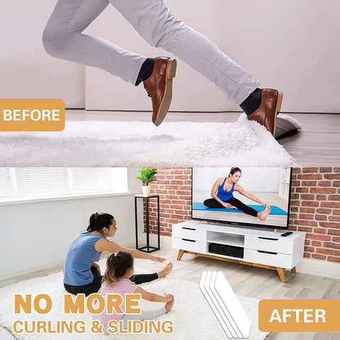 Before and after use of No Slip Rug Tape Set 16 Pcs Dual Sided Washable Removable Adhesive Rug Corner Stopper on hardwood floor and carpet.