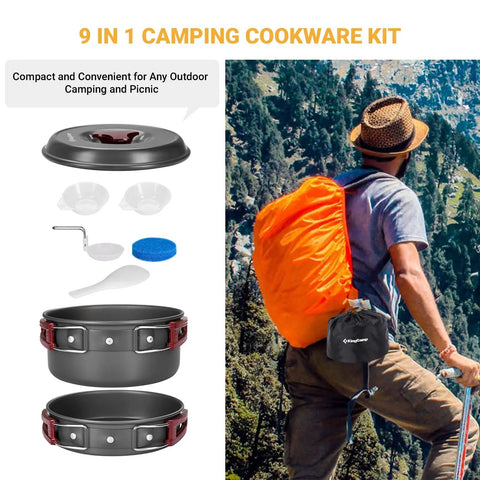 Durable Camping Cookware Set With Nonstick Hard Anodized Aluminum Pots And Pans Mess Kit For Outdoor Cooking in 9-piece option