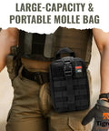 Person wearing Go Bag For Ham Radio With Tear Away Hook And Loop Back MOLLE Compatible Multi Pocket Gear Carrier on tactical vest.