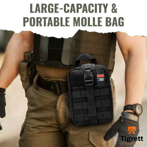 Person wearing Go Bag For Ham Radio With Tear Away Hook And Loop Back MOLLE Compatible Multi Pocket Gear Carrier on tactical vest.