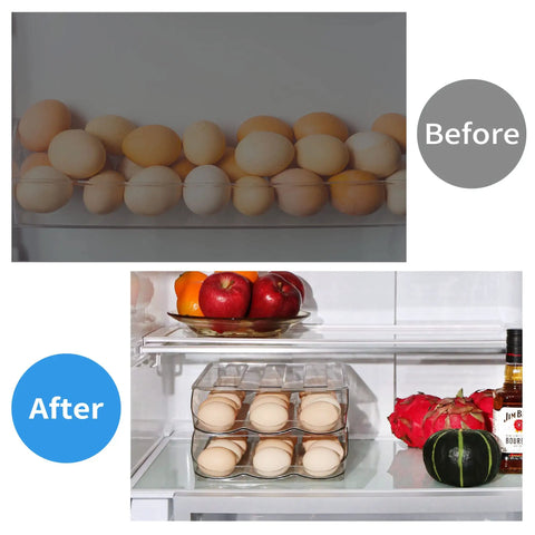 Before and after using Automatic Rolling Egg Holder For Refrigerator, Clear Stackable Egg Dispenser With Lid in fridge.