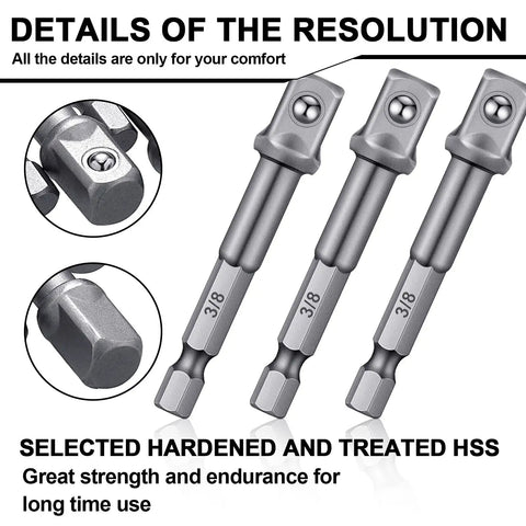 Close-up of 20 Piece 3/8 Inch Impact Socket Adapter Set With Square Bit Adapters For Drills And Extensions, three hex bits, silver