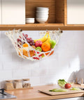 Hand-Woven Cotton Fruit Hammock With Hooks For Under-Cabinet Kitchen Storage, Hangin Fruit Basket For Bananas And Produce, Rectangle Design