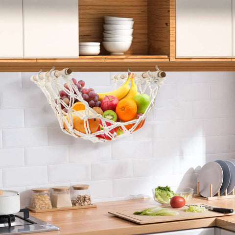 Hand-Woven Cotton Fruit Hammock With Hooks For Under-Cabinet Kitchen Storage, Hangin Fruit Basket For Bananas And Produce, Rectangle Design