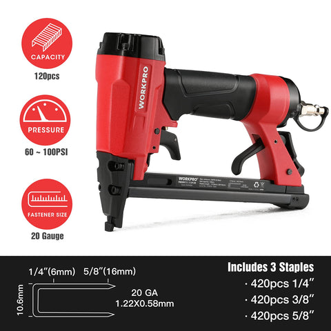 Pneumatic 20 Gauge Staple Gun For Upholstery And Carpentry, T50 Style Stapler With 1260 Staples, Rear Exhaust, 1/4 to 5/8 Inch