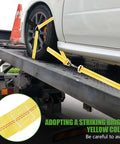 2 Pack 36 Inch By 2 Inch Axle Tie Down Straps With Protective Sleeves And D Rings in use on car transport trailer