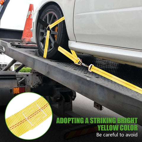 2 Pack 36 Inch By 2 Inch Axle Tie Down Straps With Protective Sleeves And D Rings in use on car transport trailer