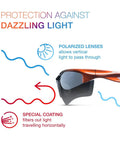 Polarized Safety Glasses For Work And Outdoors With Dark Smoke Lenses, ANSI Z87.1 Safety Rating, diagram illustrating lens benefits