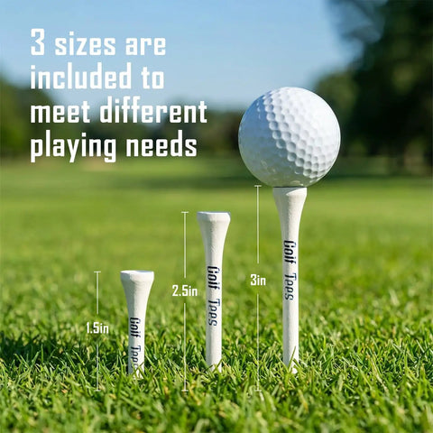 Eco Bamboo Golf Tees Set With Portable Round Case Mixed Sizes 3 Inch 2.5 Inch 1.5 Inch 60 Pieces In 3 Boxes on grass