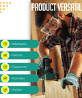 Man using sander with product versatility list: mechanic, painter, carpenter, plumber, welder; focus on Oil Tanned Leather Tool Belt With Padded Belt 18 Pocket Carpenter Pouches And Dual Hammer Holsters Heavy Duty Mens Work Belt For Pliers Nails Levels Knives And More Built For Pros.