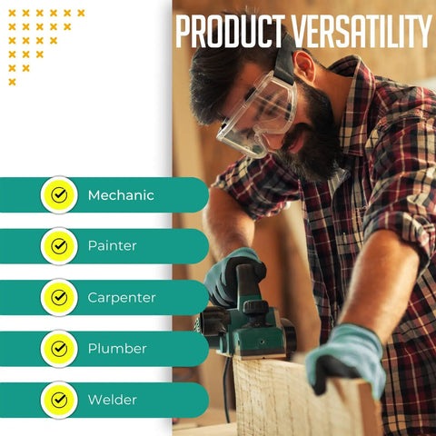 Man using sander with product versatility list: mechanic, painter, carpenter, plumber, welder; focus on Oil Tanned Leather Tool Belt With Padded Belt 18 Pocket Carpenter Pouches And Dual Hammer Holsters Heavy Duty Mens Work Belt For Pliers Nails Levels Knives And More Built For Pros.