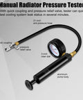 No Sweat Radiator Pressure Tester Kit Featuring 18 Premium Adapters And Rock Solid Hand Pump showing the manual pressure tester with gauge and hoses.
