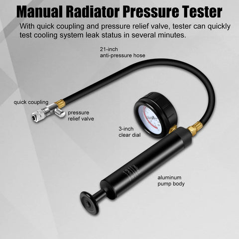 No Sweat Radiator Pressure Tester Kit Featuring 18 Premium Adapters And Rock Solid Hand Pump showing the manual pressure tester with gauge and hoses.