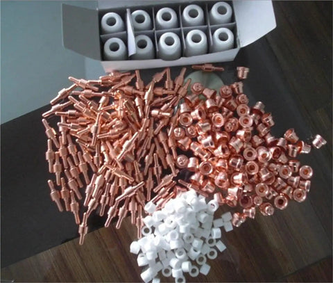 Solid Pack Of 50 Pieces Plasma Cutter Consumable Electrodes Tips And Nozzles Fits Cut40 Cut50 Lgk40, copper and ceramic tips.
