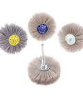 Four Piece Nylon Wheel Brush Set With 80 120 180 240 Grit, Abrasive Grinding Heads On 6mm Threaded Shanks, for Metal Wood Stone