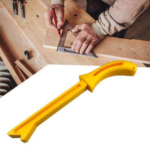 Push Block And Push Stick Set For Woodworking Router Table Tool Carpentry Safety Beefy Grip Handle With Comfort Pads Heavy Duty For Safe Cuts And Accurate Feeds Ideal For Tablesaw And Router Setup, yellow push stick with ergonomic handle on workbench.