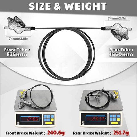 Four Piston Hydraulic Mountain Bike Disc Brake Set With Ceramic Pads Front 835mm And Rear 1550mm Lines Pre Bled Badass Stopping Power For Mountain Bikes And E Bikes; weight displayed on scales.