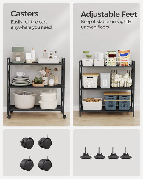 Three Tier Rolling Steel Storage Rack With Mesh Shelves Smooth Wheels Heavy Duty Entryway Organizer with casters and adjustable feet