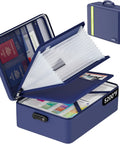 Fireproof Document Bag With Lock Insulated Large Document Box For Travel And Home Safe Storage Waterproof Zipper Includes 13 Section Accordion File Folder Blue, showing open view with accordion file and passports.