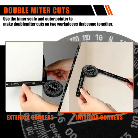 Seven Inch Aluminum Miter Saw Protractor With Sick Accuracy And Bonus Adjustment Wrench, used for double miter cuts on workpieces.