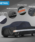 All Weather Truck Cover Up To 210 Inches, Waterproof And UV Guard, showcasing reflective stripe and windproof buckle details