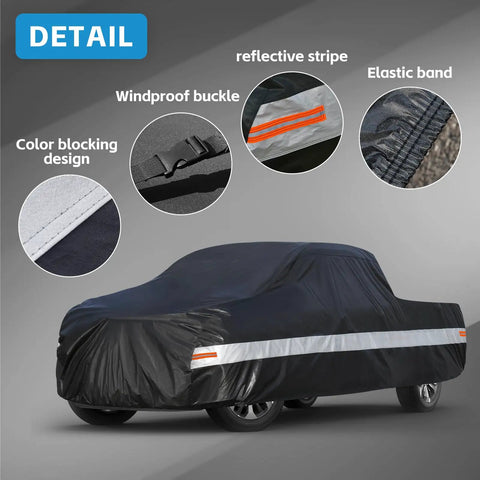 All Weather Truck Cover Up To 210 Inches, Waterproof And UV Guard, showcasing reflective stripe and windproof buckle details