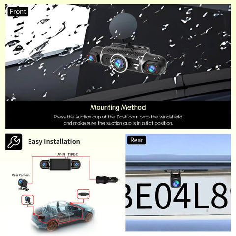All-Around 360 Dash Cam With Four Lenses, Front, Rear, Interior And Side Views mounted on vehicle with installation diagram