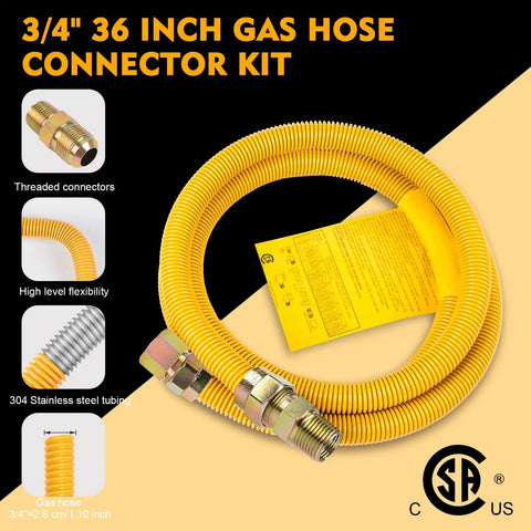 3/4 inch 36 inch gas hose connector kit with stainless steel threading and flexibility, includes tubing and connectors.