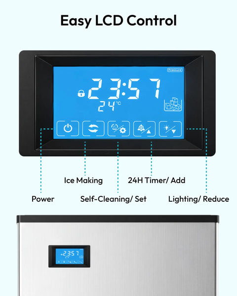 Pro-Level Commercial Icemaker Drops Heavy Cubes Quick With A Slick SECOP Motor And Zero Hassle Storage Bin LCD control panel display.