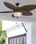Palm Island 52 Inch Ceiling Fan With Light for Indoor Outdoor Spaces, dual mount, bronze finish with 5 palm leaf blades, outdoor porch