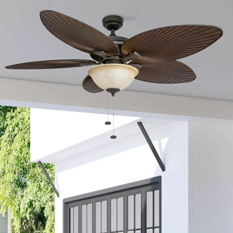 Palm Island 52 Inch Ceiling Fan With Light for Indoor Outdoor Spaces, dual mount, bronze finish with 5 palm leaf blades, outdoor porch