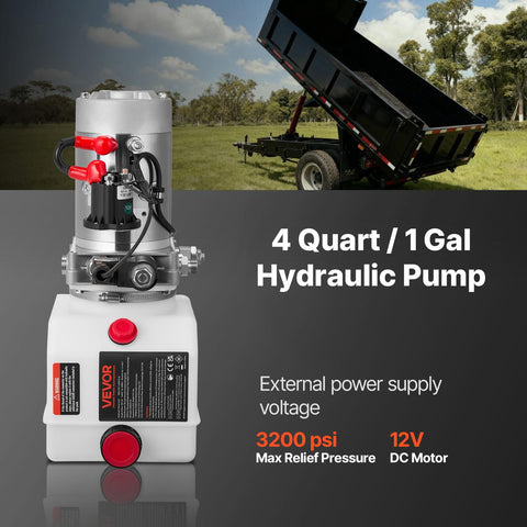 4 Quart Hydraulic Power Unit For Dump Trailers, Single Acting Pump, 3200 PSI Max Relief, 0.91 GPM Flow, DC 12V Hydraulic Pump With Metal Reservoir For Heavy Duty Lifting And Smooth Dump Operations