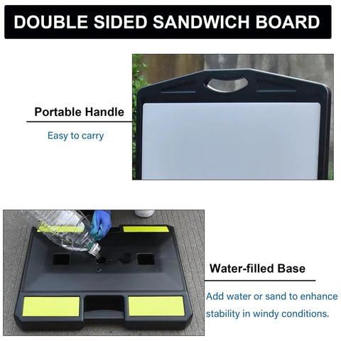 2 Pack 24 By 36 Inch Double Sided Sidewalk Sign For Outdoor Use Weatherproof Plastic Advertising Board With Water Filled Base Grey Frame shown with handle and water-filled base