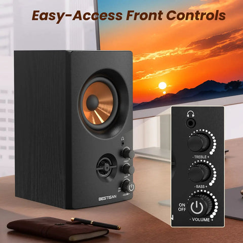 Active Bookshelf Speakers, 50W Bluetooth Home Studio Monitors with front controls, 3 Inch Woofer, 1 Inch Silk Dome Tweeter, RCA Inputs.