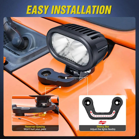 Front A Pillar Hood Cowl Mount Bracket for Offroad LED Pod Lights on Jeep Wrangler JL JLU with adjustable mount on orange hood