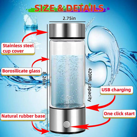 On The Go Portable Hydrogen Water Bottle Ionizer Rechargeable 420ml Generator For All Water Types, with size and material details