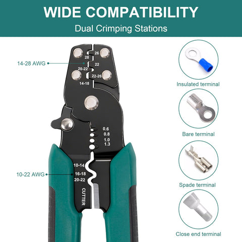 All In One Wire Crimping Tool For 10 22 AWG Insulated And Bare Wires And Heat Shrink 3rd Gen shown with terminals