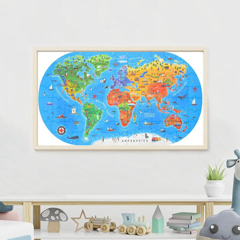 Hands-On World Map Puzzle For Kids Ages 4-8, 100 Piece Floor Puzzle With Continents, Landmarks, Animals, Plants, And History Features