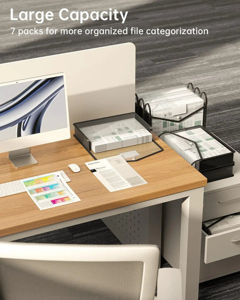 Black Transparent Expanding File Folder 7 Pack with Snap Closure on office desk, large capacity for organizing documents.