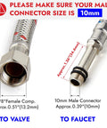 Hassle Free 24 Inch Braided Sink Hose And Faucet Supply Lines With 3/8 Female To M10 Male Connectors detailed connector sizes.