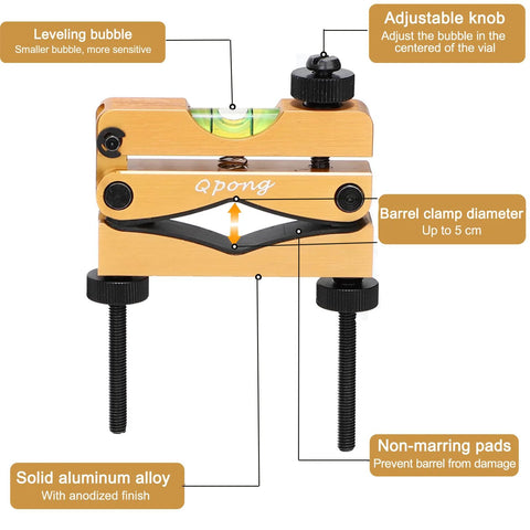 Qpong scope leveling kit, front view with bubble level, adjustable knob, aluminum body, clamp up to 5 cm.