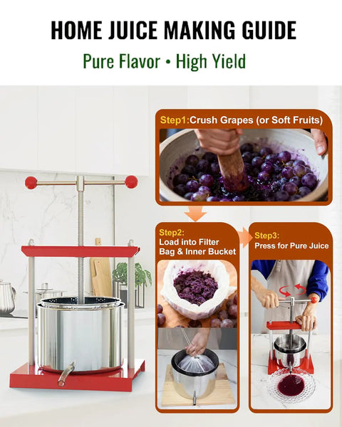 0.8 Gallon Stainless Steel Manual Fruit And Vegetable Squeezer With Filter Bag Upgraded 3L Capacity For Honey Cheese And Plant Infusions No Fuss Great For Home Batch Soft Fruit Juices And Herb Press