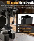 Beefy Hand Press Foot Attachment For Die Cutting And Leather Stamping Machines With All Metal Platen in use, showing metal construction