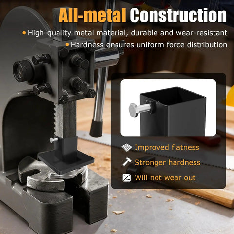 Beefy Hand Press Foot Attachment For Die Cutting And Leather Stamping Machines With All Metal Platen in use, showing metal construction
