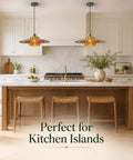 Amber Glass Pendant Light Modern: 19-inch Metal Chandeliers For Dining Room hanging above a wooden kitchen island.