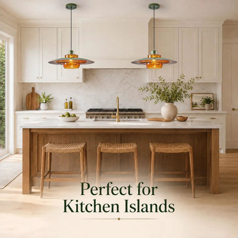 Amber Glass Pendant Light Modern: 19-inch Metal Chandeliers For Dining Room hanging above a wooden kitchen island.