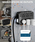 Weatherproof Outdoor Power Strip With Six Wide Outlets And Three USB Ports Including USB-C 10 Ft Extension Cord 1875W Surge Protector 9-In-1 Power Hub For Christmas Lights ETL Listed Overload Protection Black mounted on wall