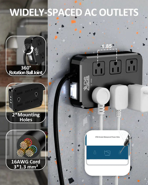 Weatherproof Outdoor Power Strip With Six Wide Outlets And Three USB Ports Including USB-C 10 Ft Extension Cord 1875W Surge Protector 9-In-1 Power Hub For Christmas Lights ETL Listed Overload Protection Black mounted on wall