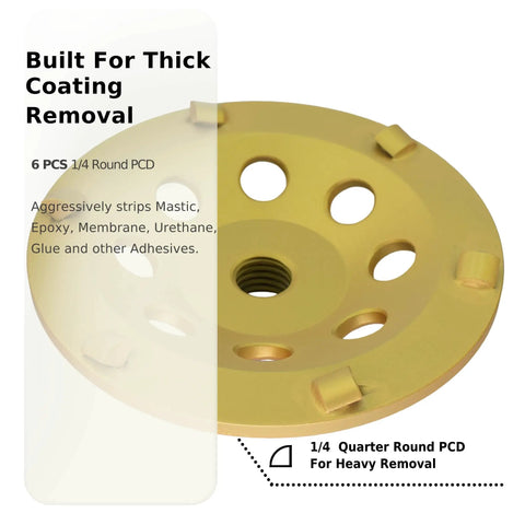 Nine Piece 7 Inch PCD Cup Grinding Wheel Set With Five Eighths Inch And Eleven Inch Threaded Shanks for thick concrete coating removal