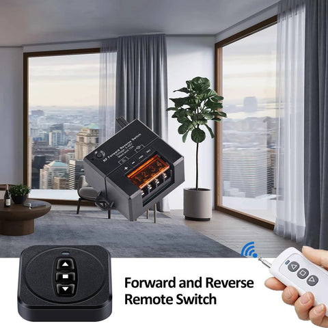 Front view: SRDKG 12V forward/reverse remote switch in black plastic with orange terminal block